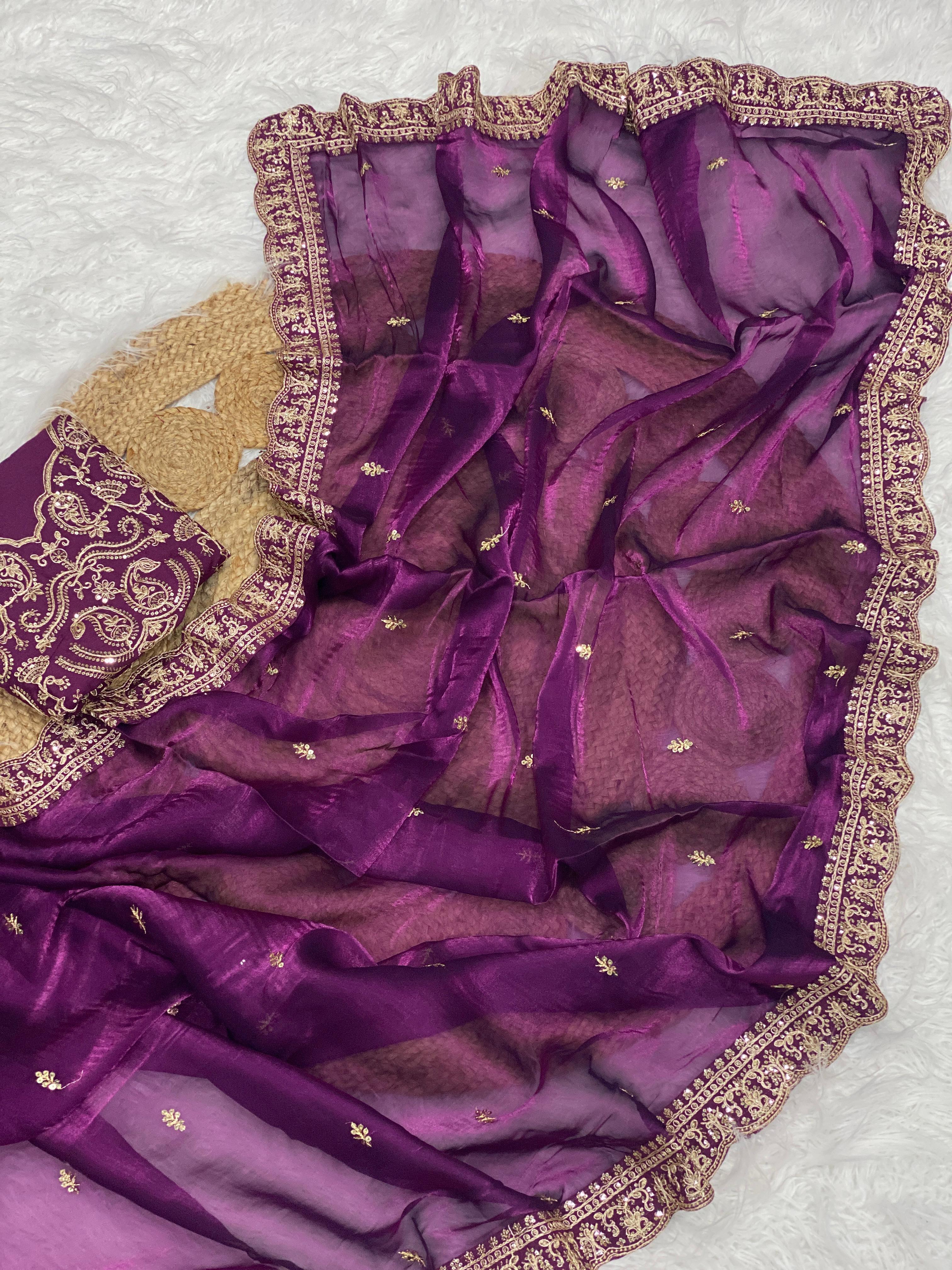 Designer Satin Silk Embroidered Sequin Work Saree with With Blouse Piece