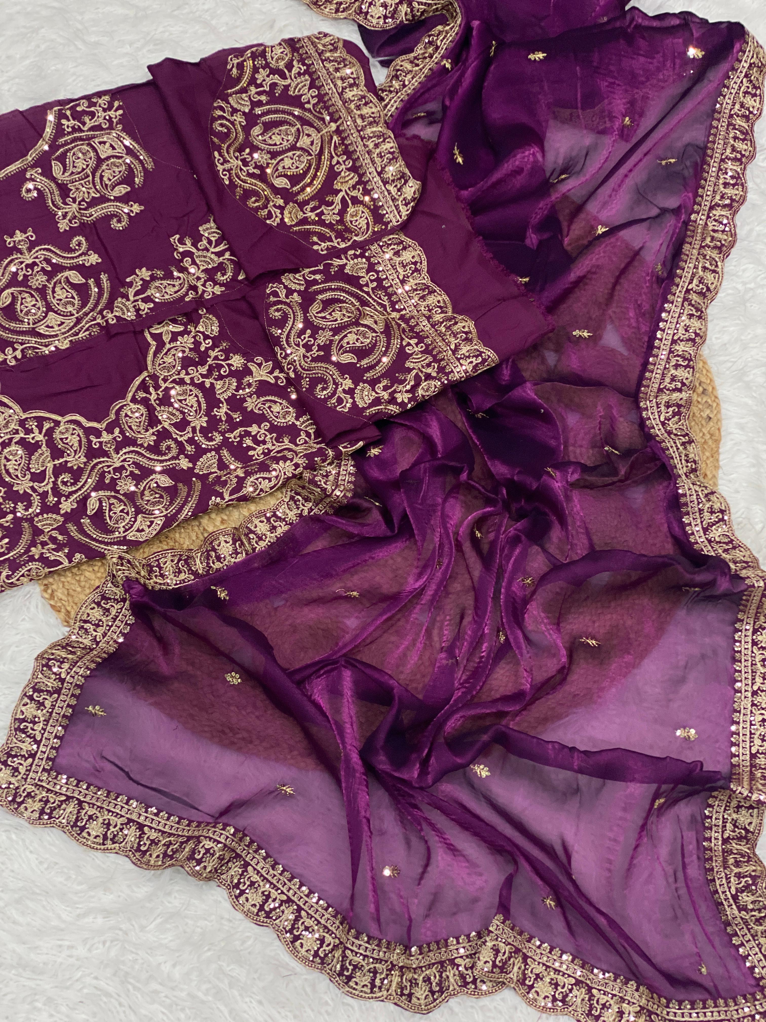 Designer Satin Silk Embroidered Sequin Work Saree with With Blouse Piece