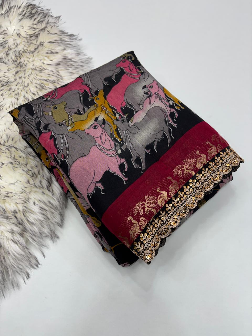 New Wedding Wear Pure Mangalkari Viscouse Silk Print Weaving n Sequence Lace Work Fancy Designer Saree
