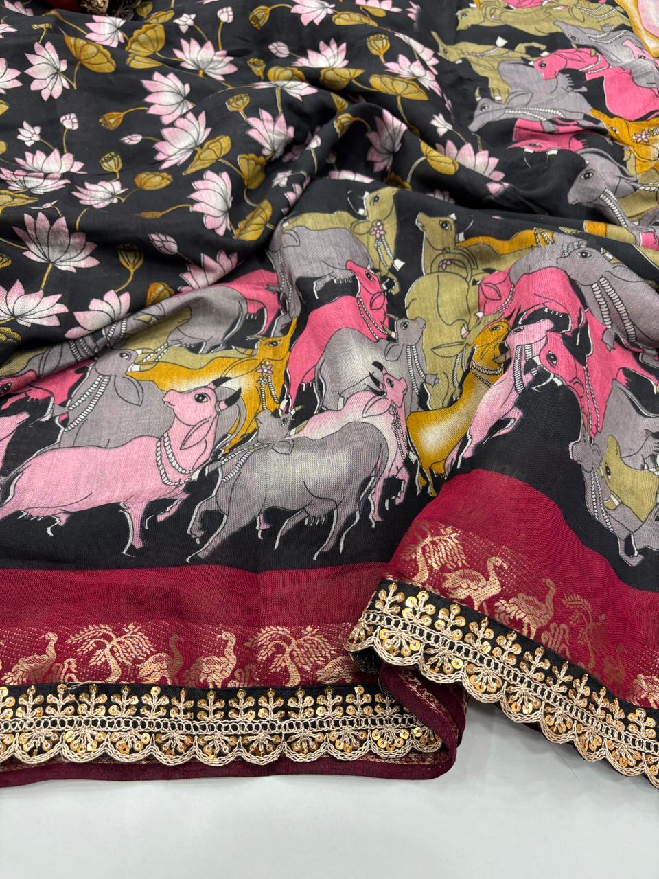 New Wedding Wear Pure Mangalkari Viscouse Silk Print Weaving n Sequence Lace Work Fancy Designer Saree