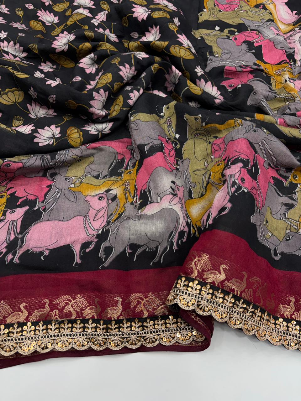 New Wedding Wear Pure Mangalkari Viscouse Silk Print Weaving n Sequence Lace Work Fancy Designer Saree