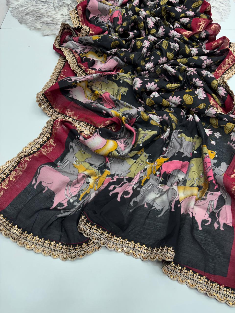 New Wedding Wear Pure Mangalkari Viscouse Silk Print Weaving n Sequence Lace Work Fancy Designer Saree