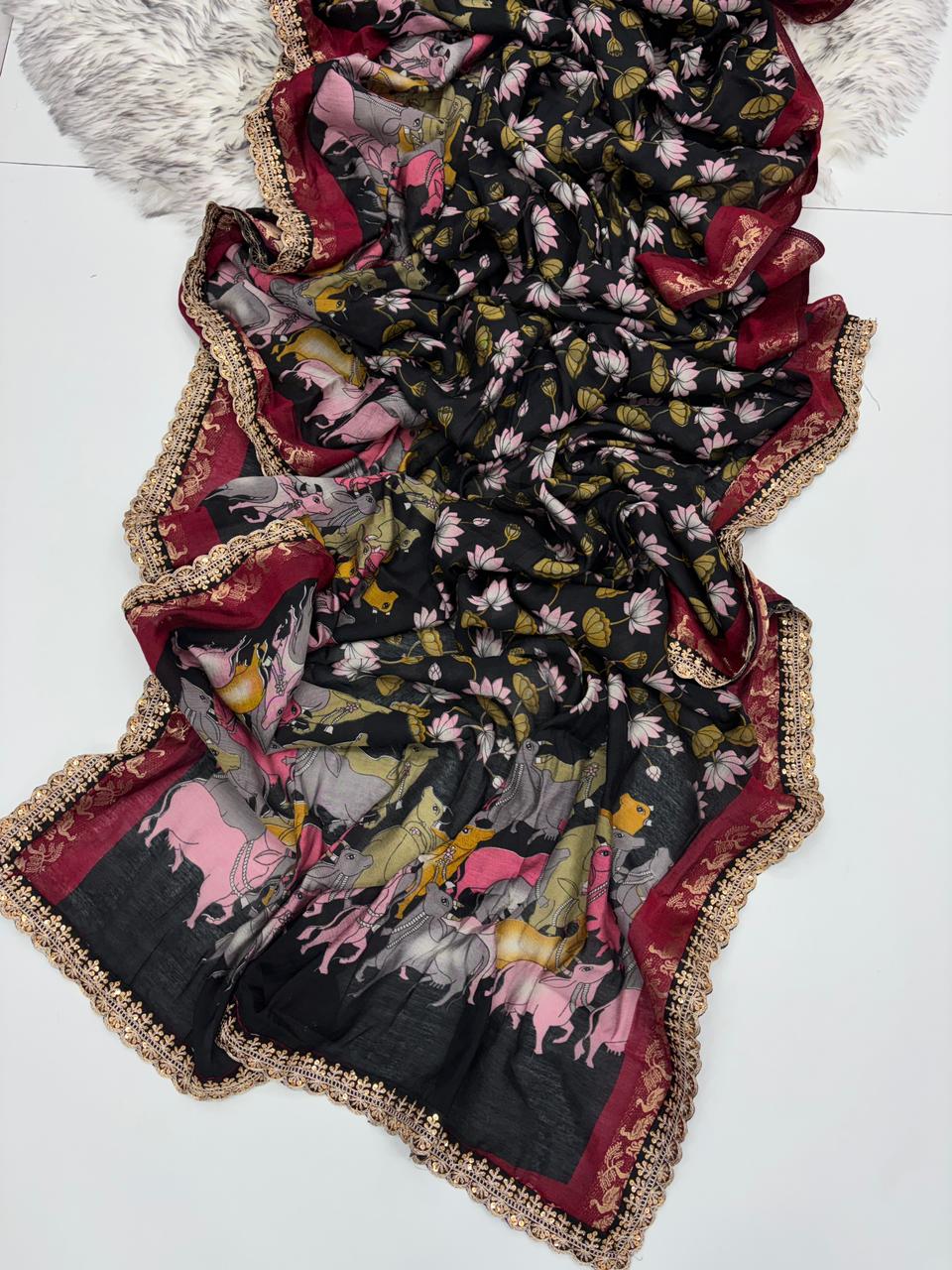 New Wedding Wear Pure Mangalkari Viscouse Silk Print Weaving n Sequence Lace Work Fancy Designer Saree