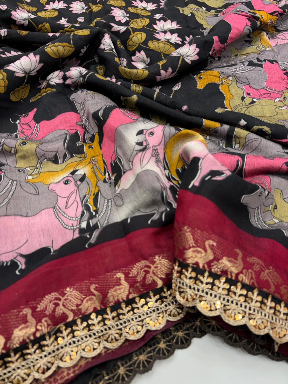 New Wedding Wear Pure Mangalkari Viscouse Silk Print Weaving n Sequence Lace Work Fancy Designer Saree