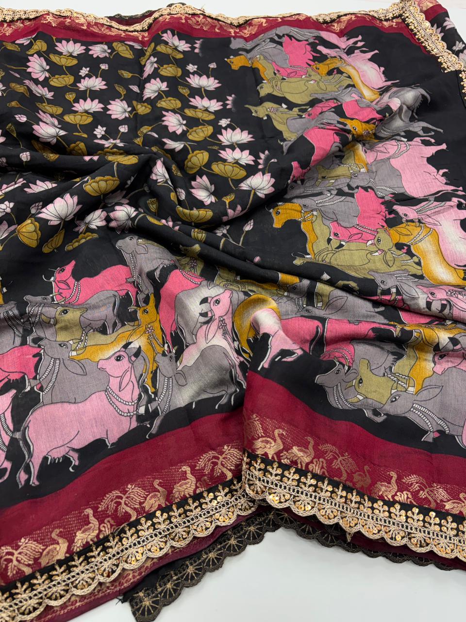 New Wedding Wear Pure Mangalkari Viscouse Silk Print Weaving n Sequence Lace Work Fancy Designer Saree