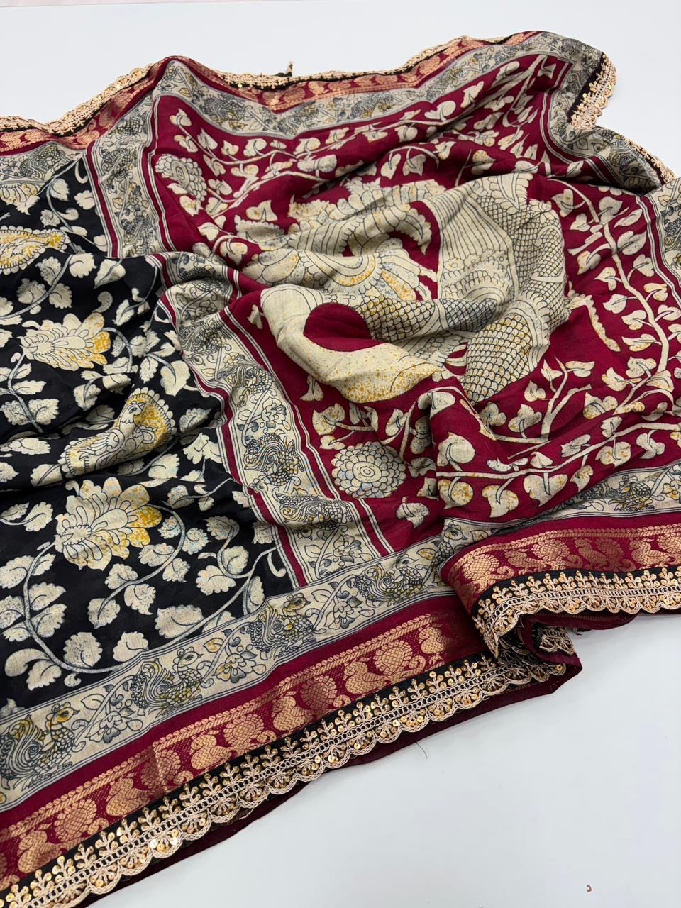 New Wedding Wear Black Color Pure Mangalkari Viscouse Silk Print Weaving n Sequence Lace Work Fancy Designer Saree