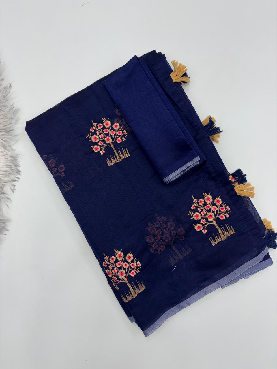 Gratifying Party Wear Pure Soft Chanderi Silk Embroidery n Tussels Work Fancy Designer Saree With Blouse Piece