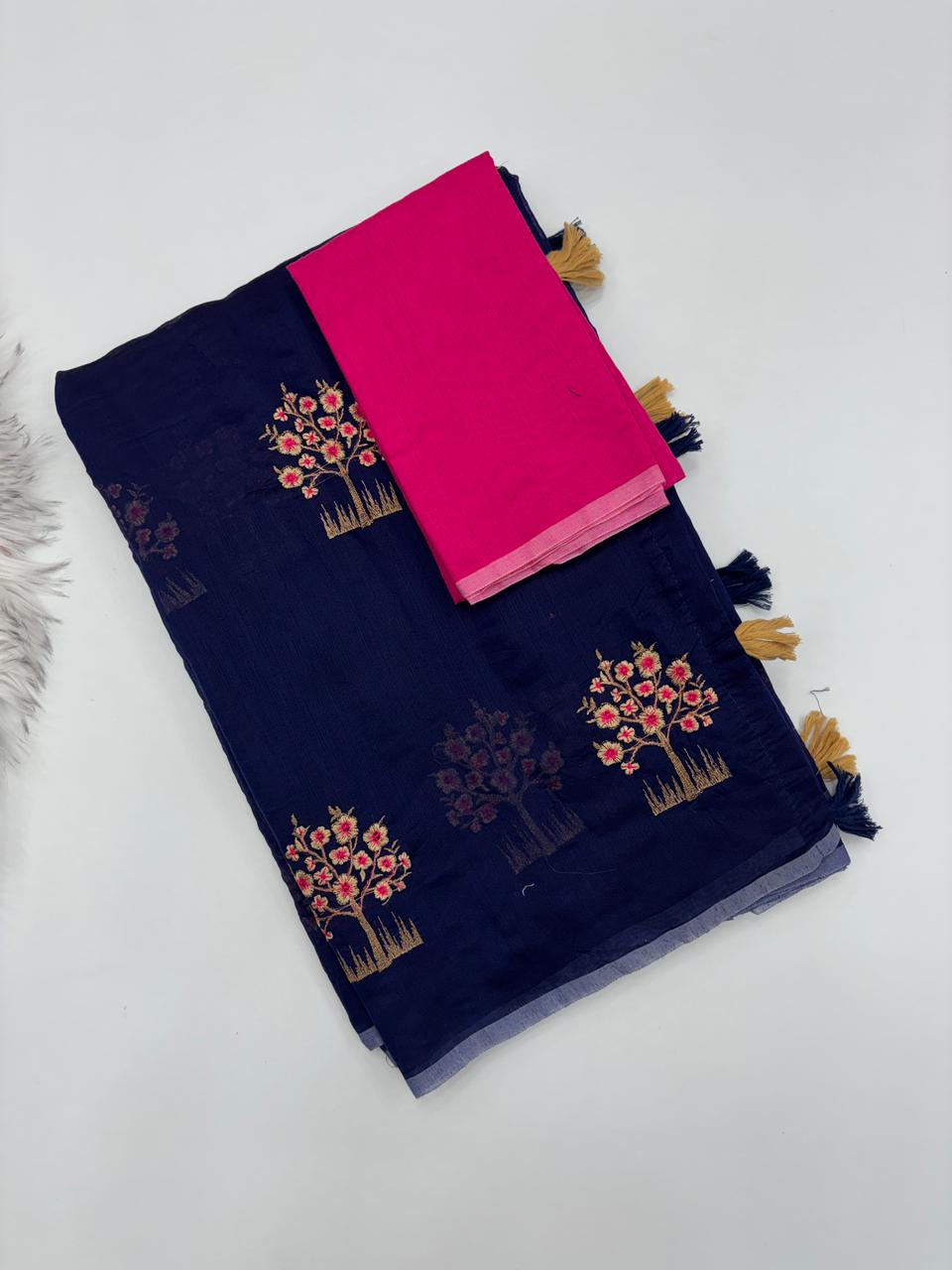 Gratifying Party Wear Pure Soft Chanderi Silk Embroidery n Tussels Work Fancy Designer Saree With Blouse Piece