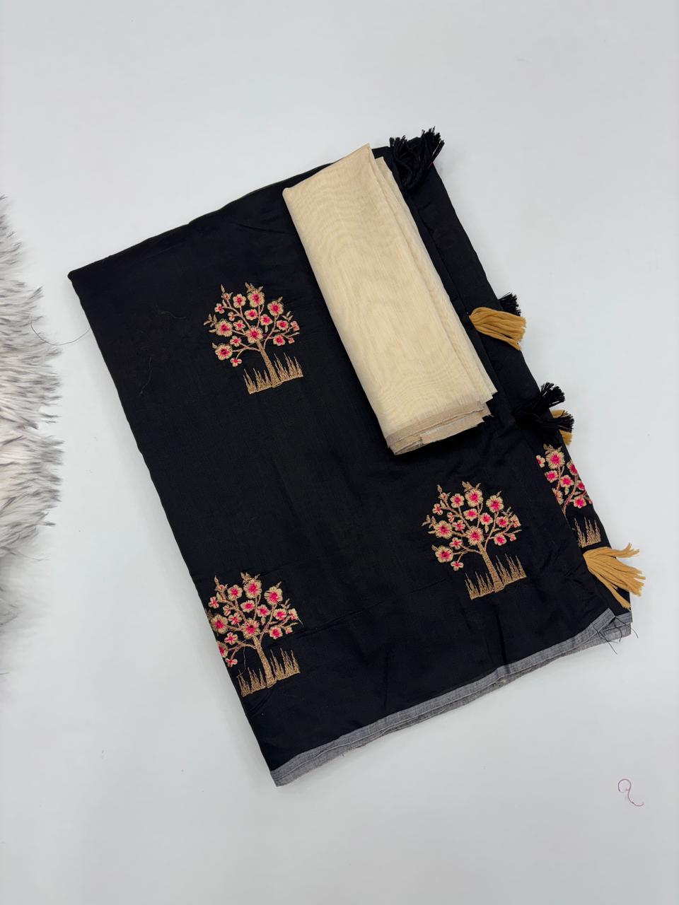 Gratifying Party Wear Pure Soft Chanderi Silk Embroidery n Tussels Work Fancy Designer Saree With Blouse Piece