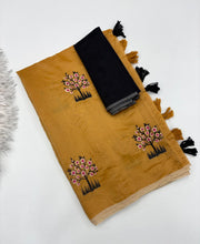 Load image into Gallery viewer, Gratifying Party Wear Pure Soft Chanderi Silk Embroidery n Tussels Work Fancy Designer Saree With Blouse Piece
