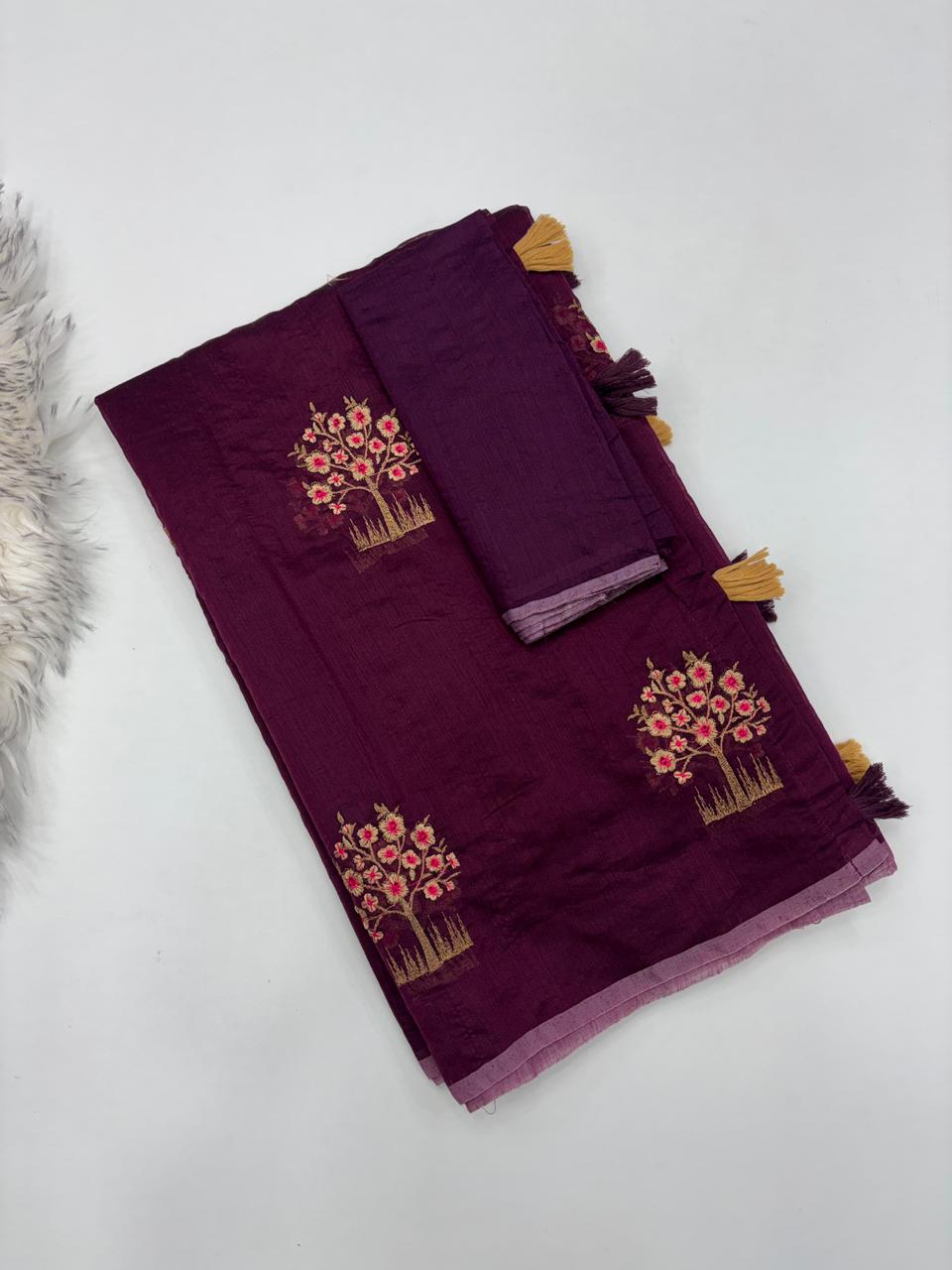 Gratifying Party Wear Pure Soft Chanderi Silk Embroidery n Tussels Work Fancy Designer Saree With Blouse Piece