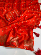 Load image into Gallery viewer, Splendorous Party Wear Pure Soft Viscose Crape Silk Golden Zari Butti n Pichwari Border With Tussel Work Pallu Fancy Designer Saree
