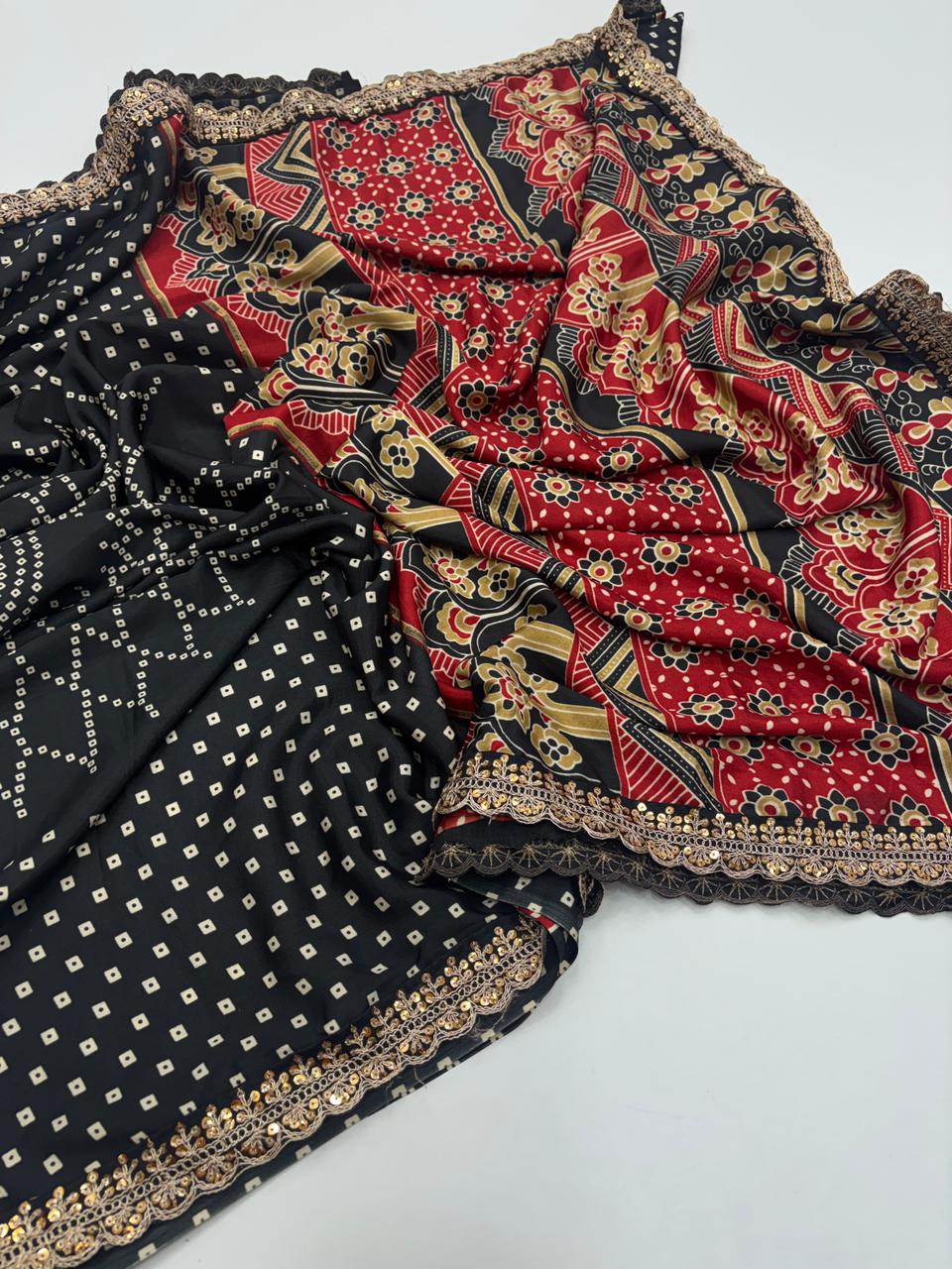 Splendorous Function Wear Pure Stain Silk Designer Printed Rich Pallu n Sequence Lace Fancy Designer Saree