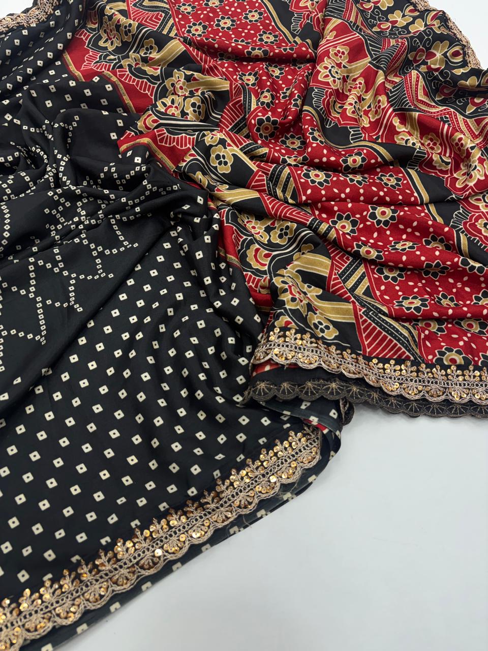 Splendorous Function Wear Pure Stain Silk Designer Printed Rich Pallu n Sequence Lace Fancy Designer Saree