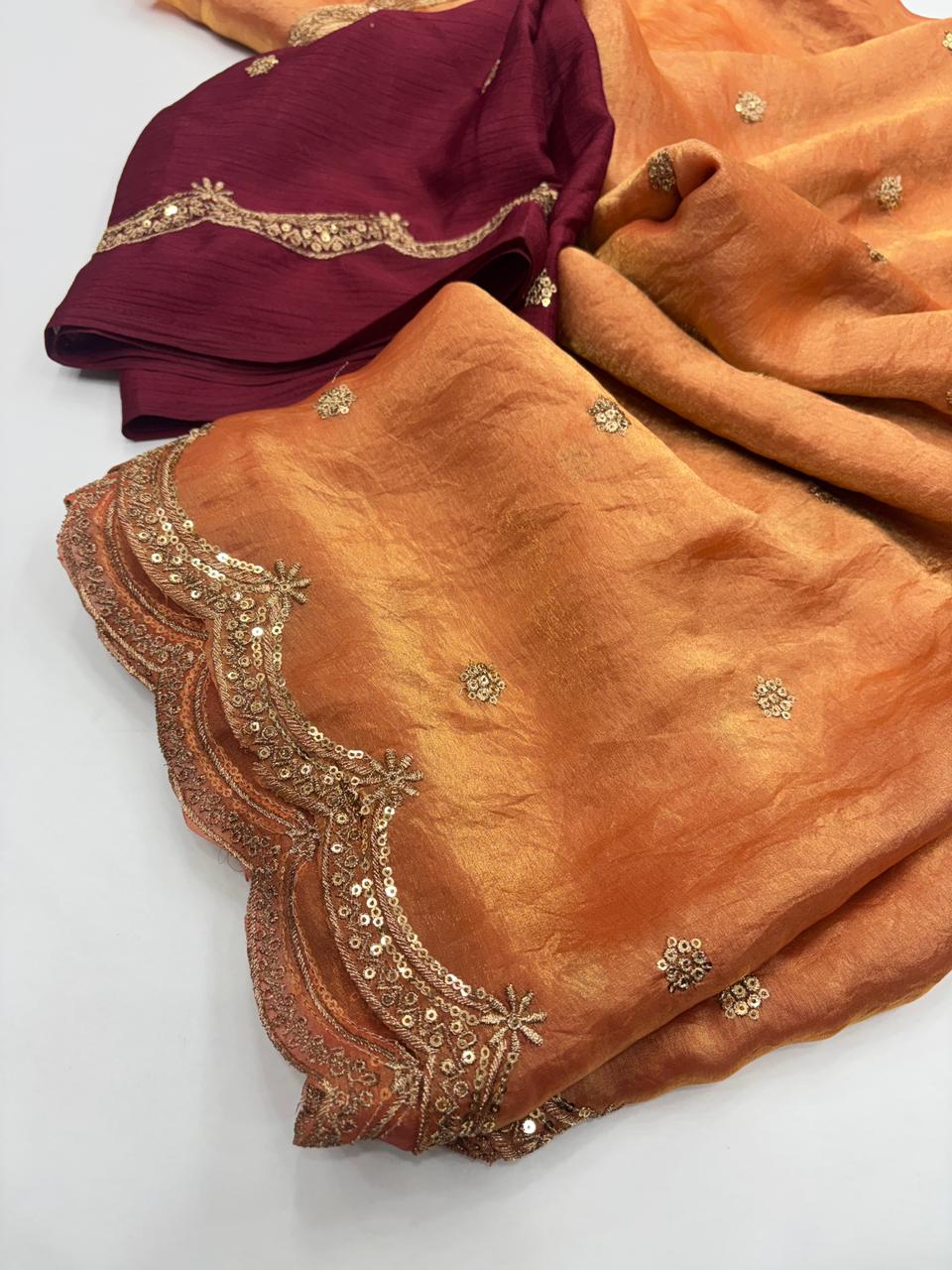 Forbearance Party Wear Space Silk Embroidery Thread Work Fancy Designer Saree With Contrast Blouse Piece