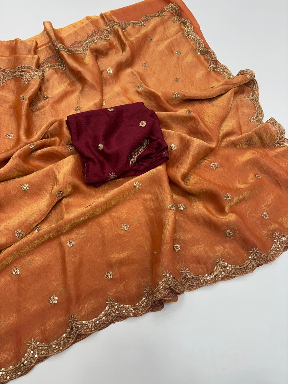 Forbearance Party Wear Space Silk Embroidery Thread Work Fancy Designer Saree With Contrast Blouse Piece