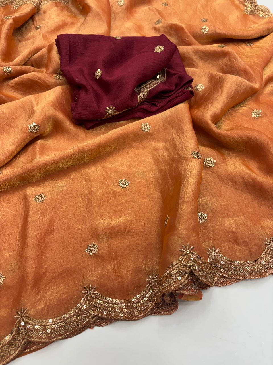 Forbearance Party Wear Space Silk Embroidery Thread Work Fancy Designer Saree With Contrast Blouse Piece