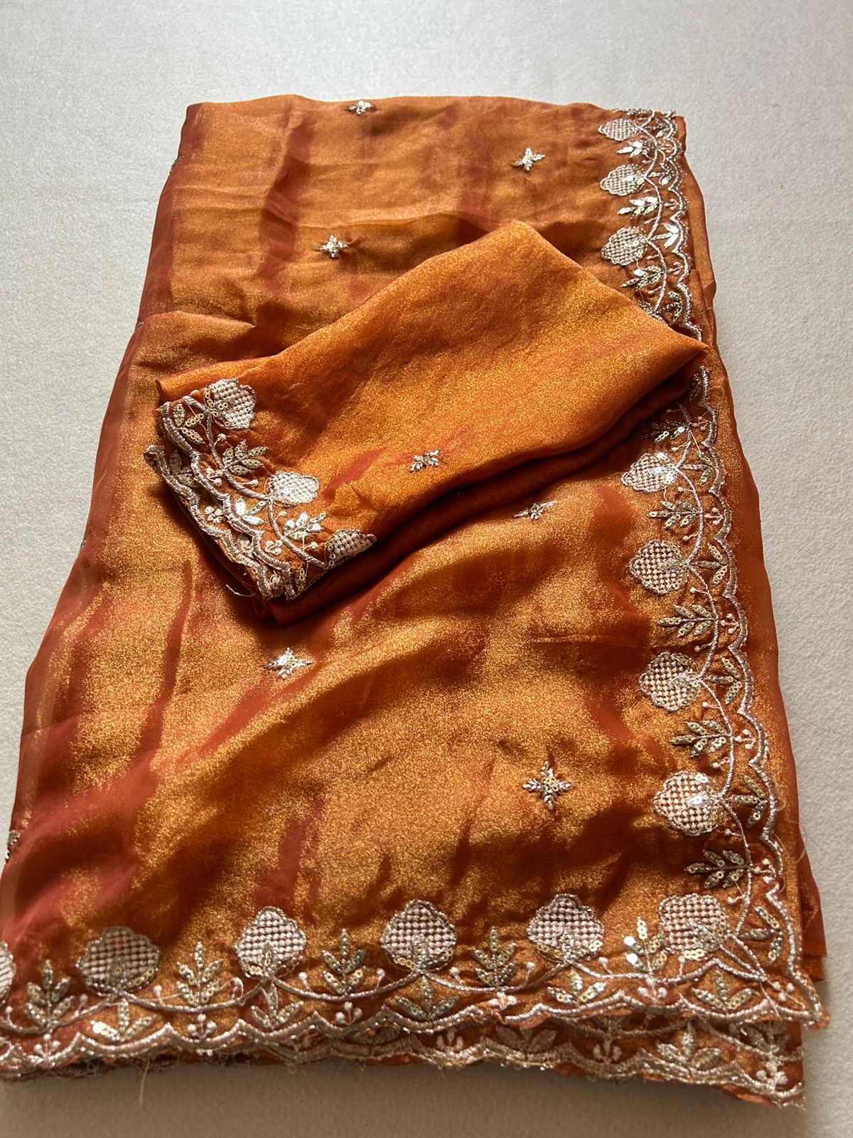 Innovative Festive Wear Tissue Silk Fabric Sequence N Cutwork Fancy Designer Saree With Blouse
