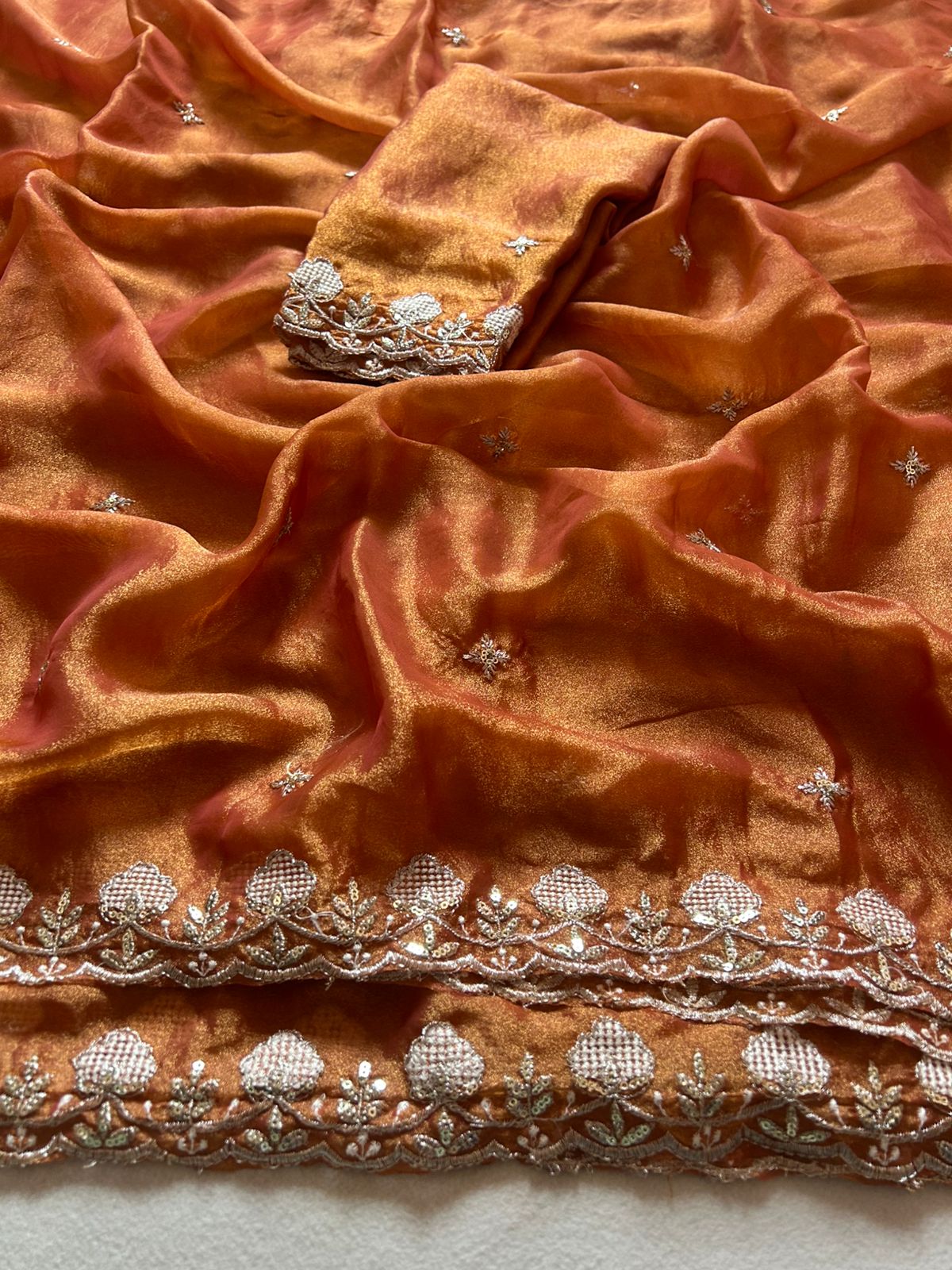 Innovative Festive Wear Tissue Silk Fabric Sequence N Cutwork Fancy Designer Saree With Blouse