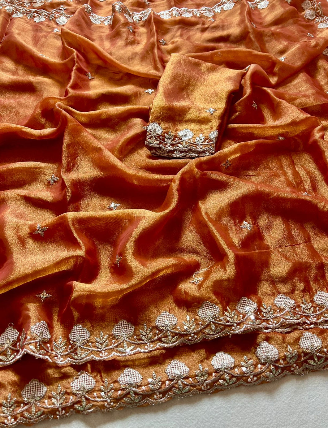 Innovative Festive Wear Tissue Silk Fabric Sequence N Cutwork Fancy Designer Saree With Blouse