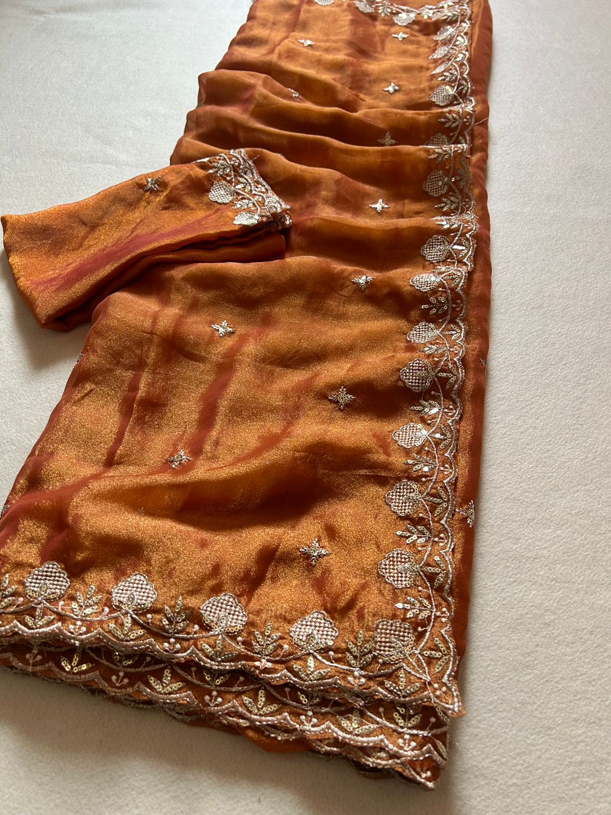 Innovative Festive Wear Tissue Silk Fabric Sequence N Cutwork Fancy Designer Saree With Blouse