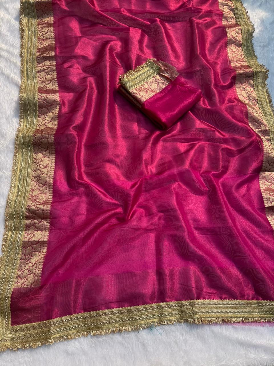 Charming Function Wear Banarasi Tissue Silk Jacquard n Lace Work Fancy Designer Saree With Blouse Piece