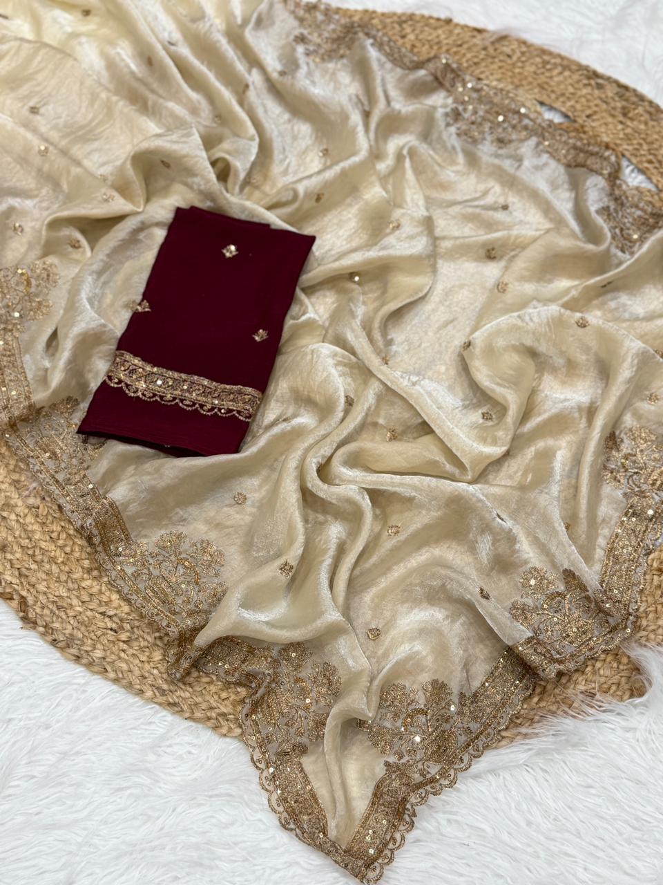 Forbearance Golden Color Embroidery Sequence Work Satin Silk Fancy Designer Saree With Dalliance Blouse Piece
