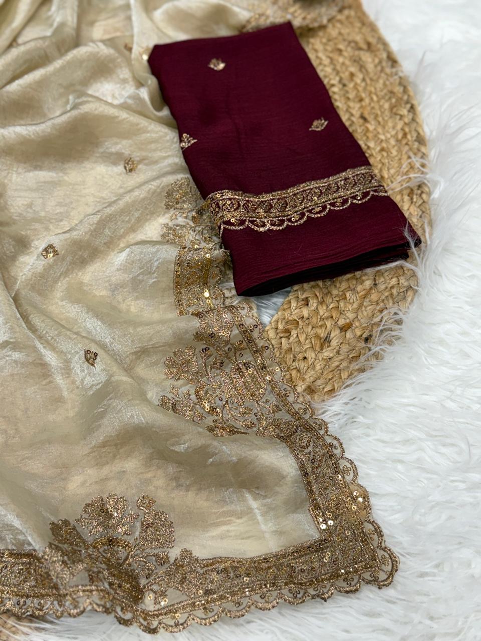 Forbearance Golden Color Embroidery Sequence Work Satin Silk Fancy Designer Saree With Dalliance Blouse Piece