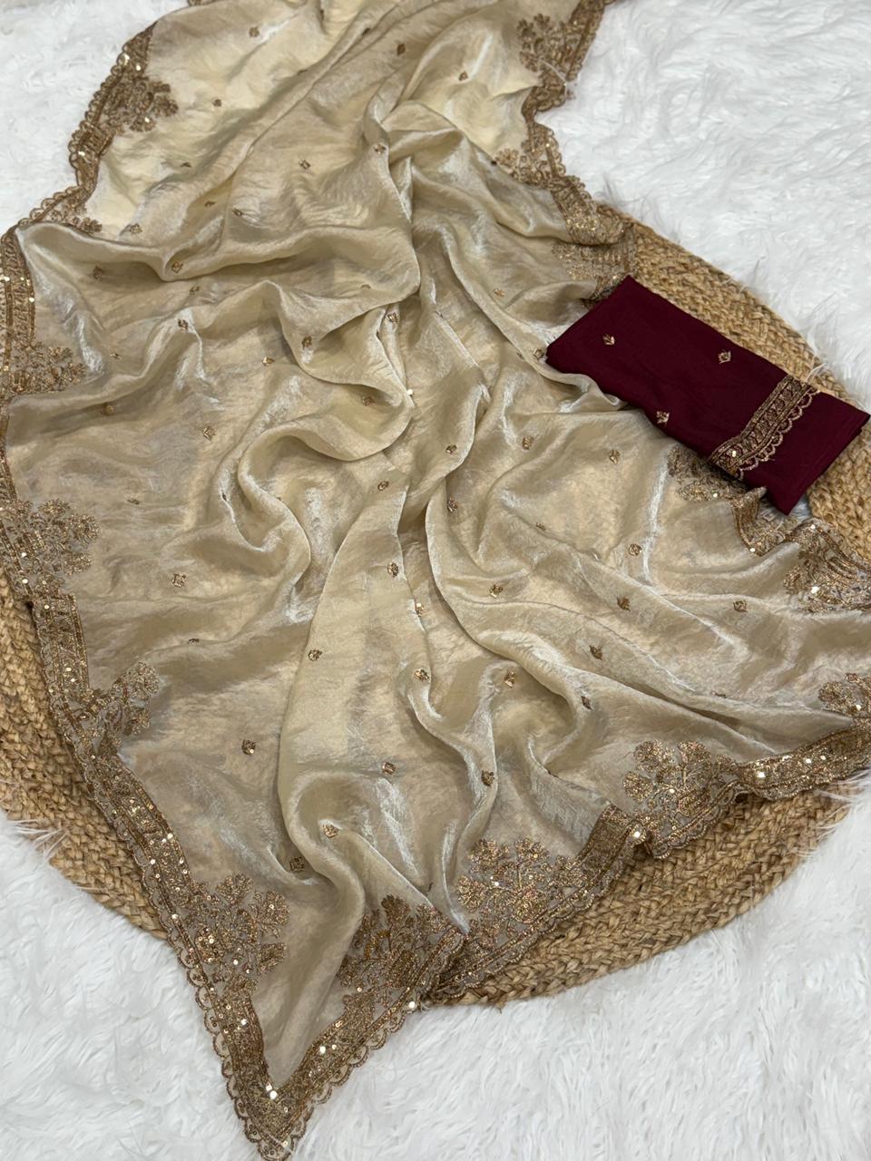 Forbearance Golden Color Embroidery Sequence Work Satin Silk Fancy Designer Saree With Dalliance Blouse Piece