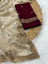 Load image into Gallery viewer, Forbearance Golden Color Embroidery Sequence Work Fendy Satin Silk Fancy Designer Saree With Dalliance Blouse Piece

