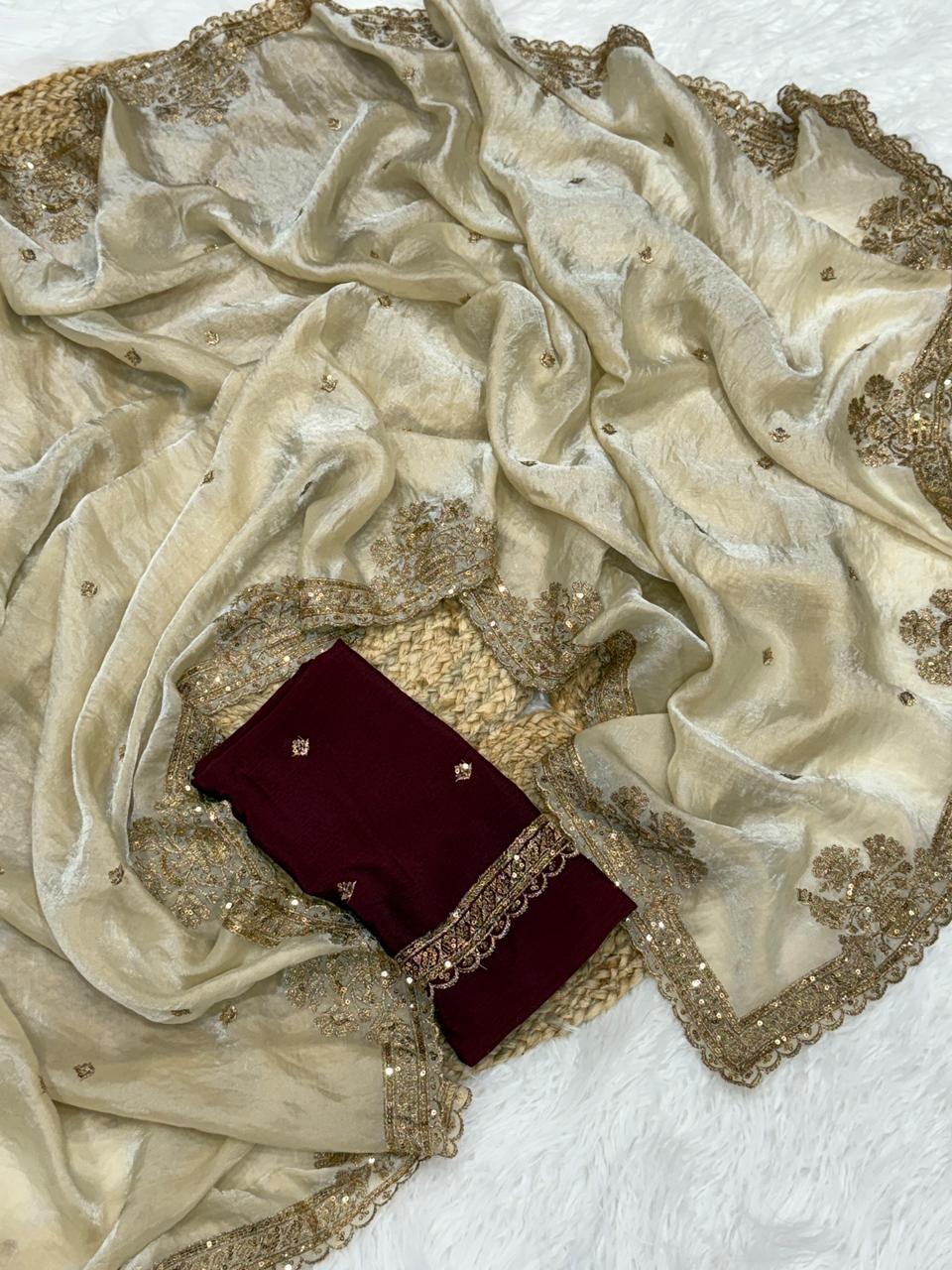 Forbearance Golden Color Embroidery Sequence Work Satin Silk Fancy Designer Saree With Dalliance Blouse Piece