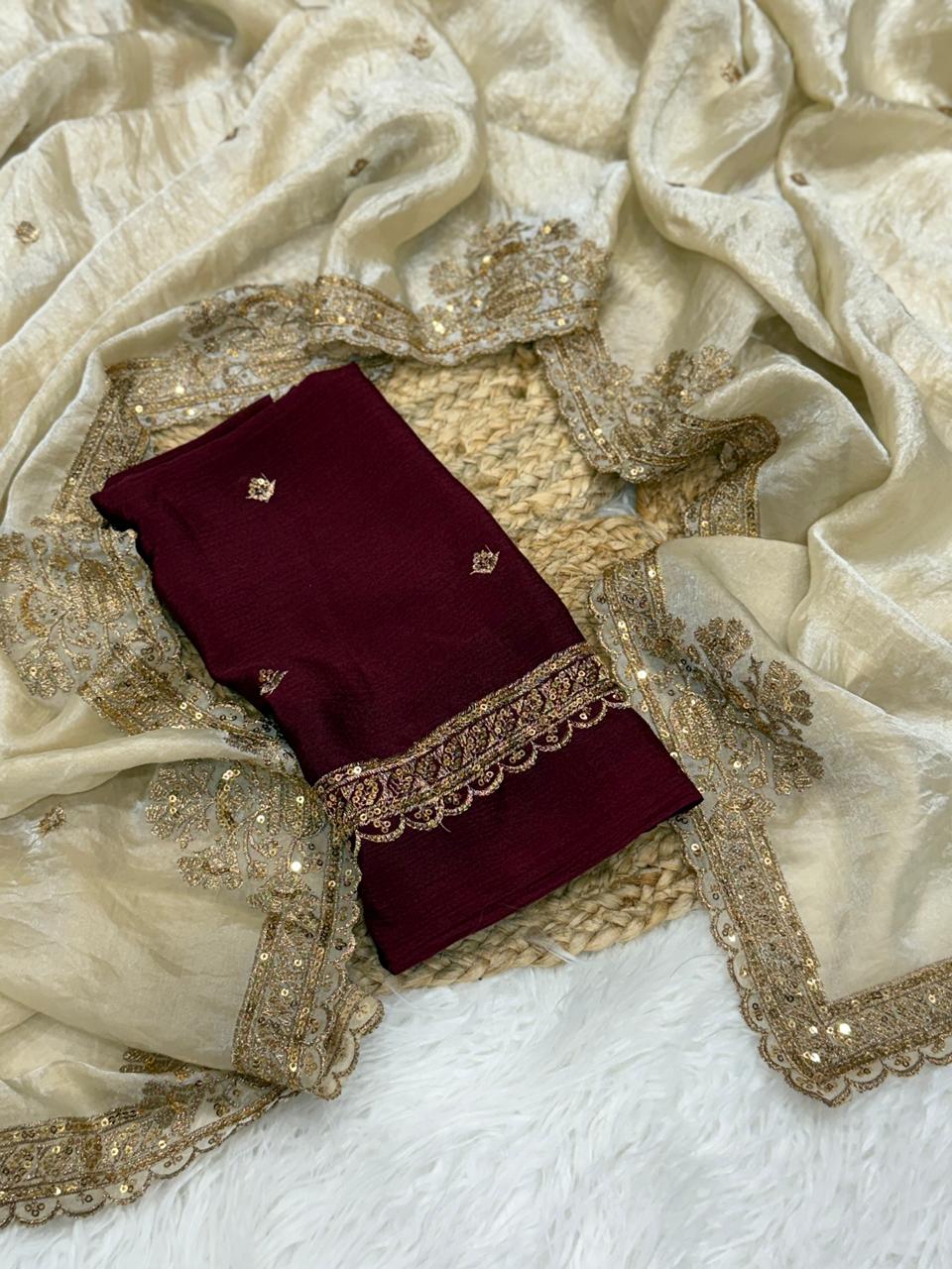 Forbearance Golden Color Embroidery Sequence Work Satin Silk Fancy Designer Saree With Dalliance Blouse Piece