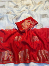 Load image into Gallery viewer, Splendorous Party Wear White n Red Colour Pure Soft Viscose Silk Zari Work Fancy Designer Saree With Blouse
