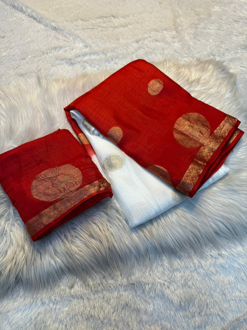 Entrancing Party Wear White n Red Colour Pure Soft Viscose Silk Zari Work Fancy Designer Saree With Blouse