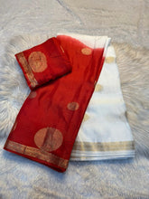 Load image into Gallery viewer, Entrancing Party Wear White n Red Colour Pure Soft Viscose Silk Zari Work Fancy Designer Saree With Blouse
