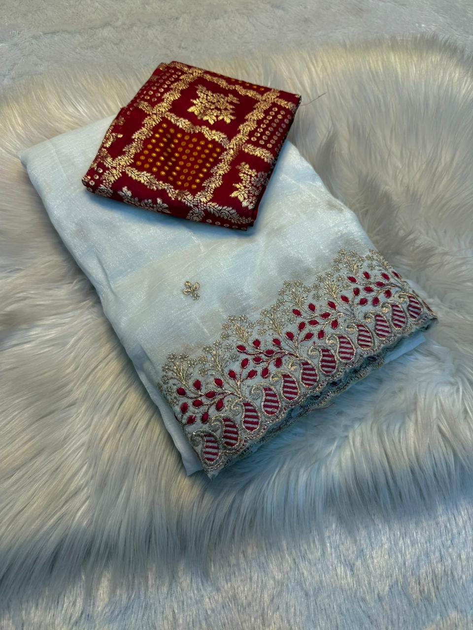 Divine Wedding Wear Off White Color Soft Crush Silk Embroidery n Cut Work Fancy Designer Saree With Blouse Piece