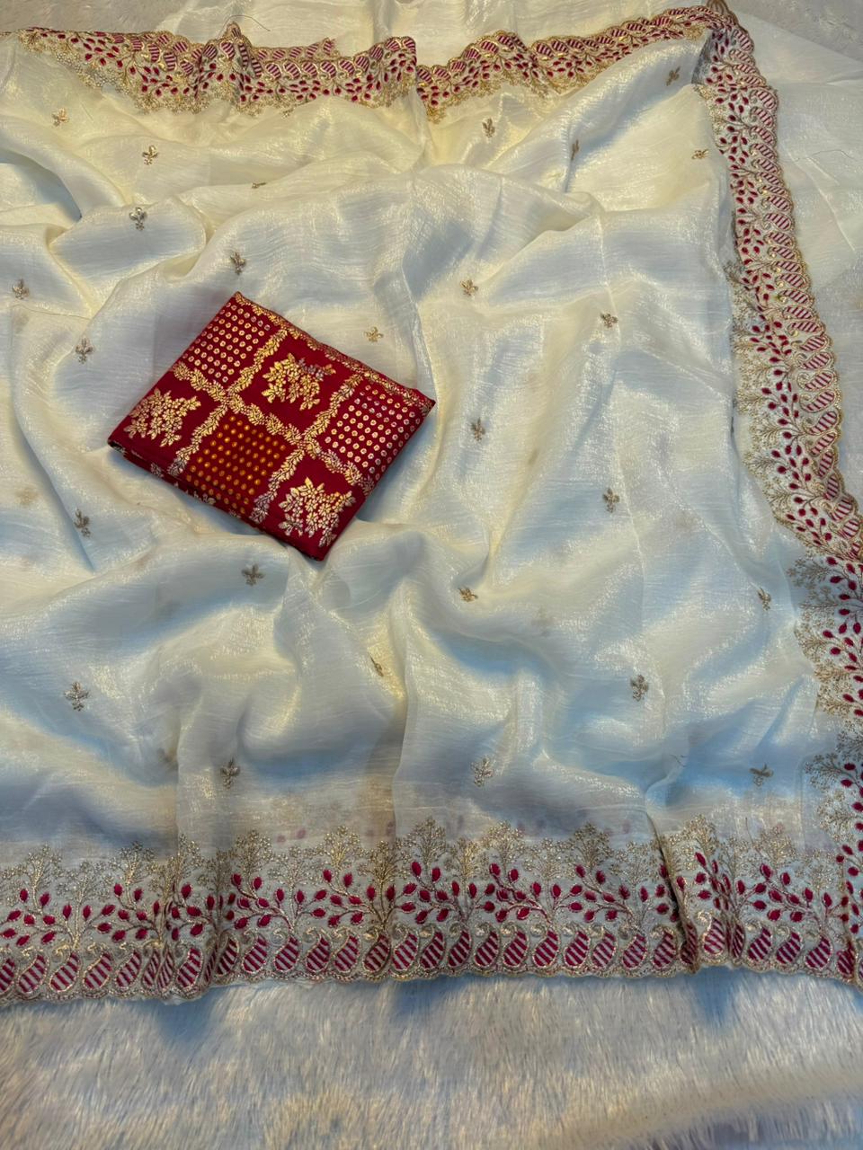 Divine Wedding Wear Off White Color Soft Crush Silk Embroidery n Cut Work Fancy Designer Saree With Blouse Piece