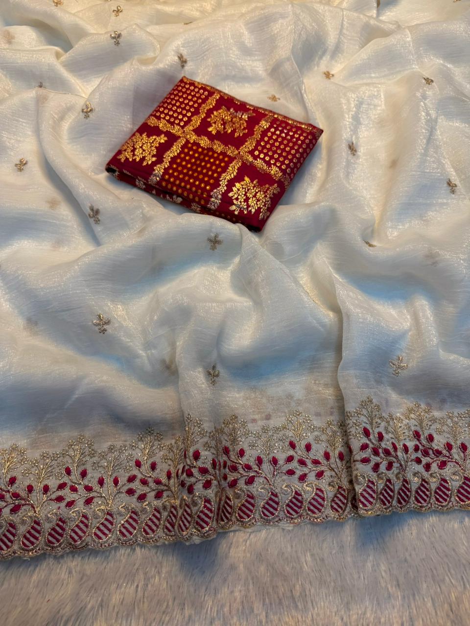 Divine Wedding Wear Off White Color Soft Crush Silk Embroidery n Cut Work Fancy Designer Saree With Blouse Piece