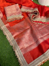 Load image into Gallery viewer, New Red Color Banarasi Tissue Silk Jacquard n Lace Work Fancy Designer Partywear Saree
