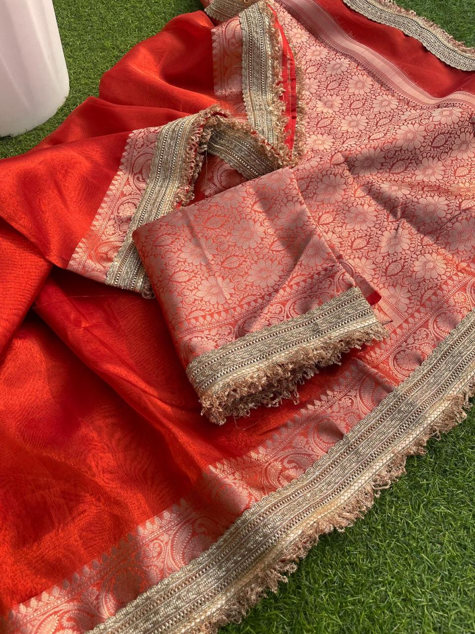New Red Color Banarasi Tissue Silk Jacquard n Lace Work Fancy Designer Partywear Saree