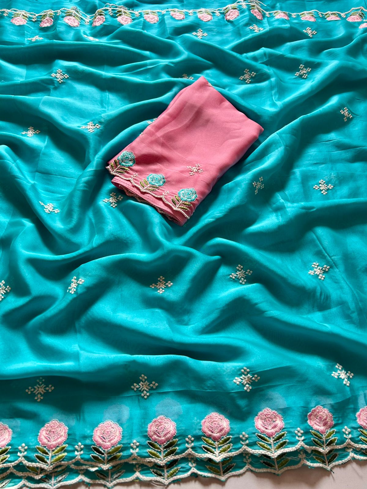 Gorgeous Function Wear Soft Rangoli Silk Embroidery Work Fancy Designer Saree With Contrast Blouse piece