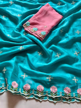 Load image into Gallery viewer, Gorgeous Function Wear Soft Rangoli Silk Embroidery Work Fancy Designer Saree With Contrast Blouse piece
