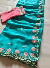 Load image into Gallery viewer, Gorgeous Function Wear Soft Rangoli Silk Embroidery Work Fancy Designer Saree With Contrast Blouse piece
