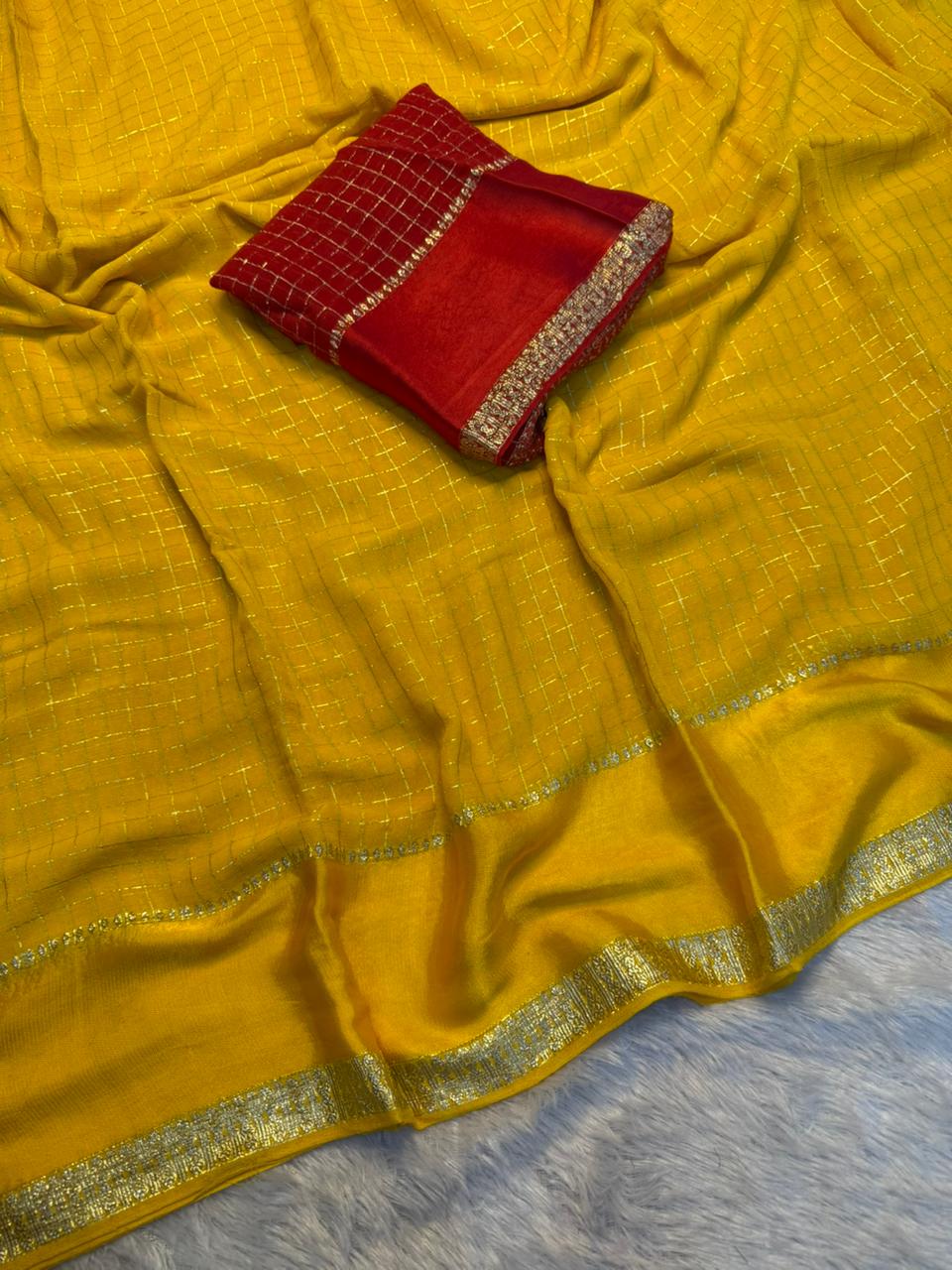 Gratifying Festive Wear Pure Viscose Georgette Small Chex Design With Satin Border Fancy Saree For Women