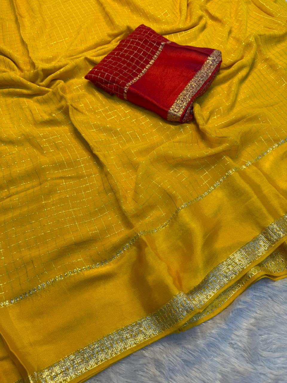 Gratifying Festive Wear Pure Viscose Georgette Small Chex Design With Satin Border Fancy Saree For Women