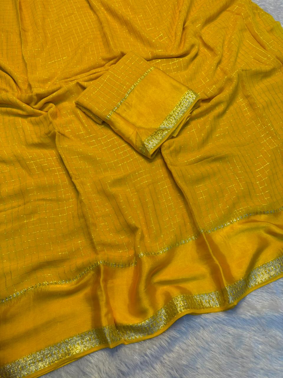 Gratifying Festive Wear Pure Viscose Georgette Small Chex Design With Satin Border Fancy Saree For Women