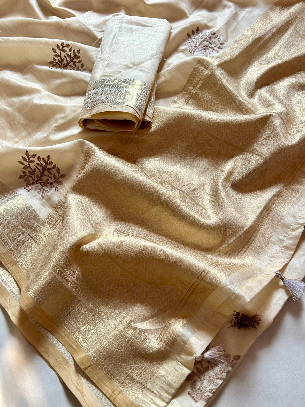 Attractive Festive Wear Golden Colour Soft Tussar Silk Embroidery Work n Jacquard Border With Rich Pallu Tussel Work Fancy Designer Saree