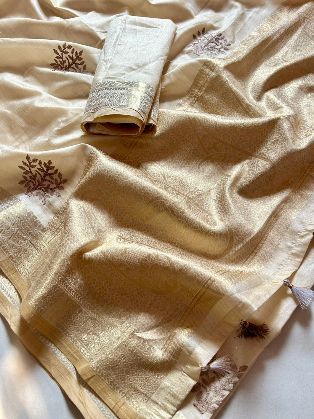 Attractive Festive Wear Golden Colour Soft Tussar Silk Embroidery Work n Jacquard Border With Rich Pallu Tussel Work Fancy Designer Saree