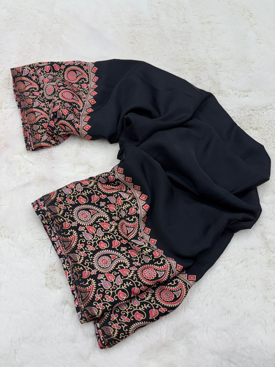 New Function Wear Pure Satin Silk Ajrak Printed Rich Pallu n Tussles Work Fancy Designer Saree