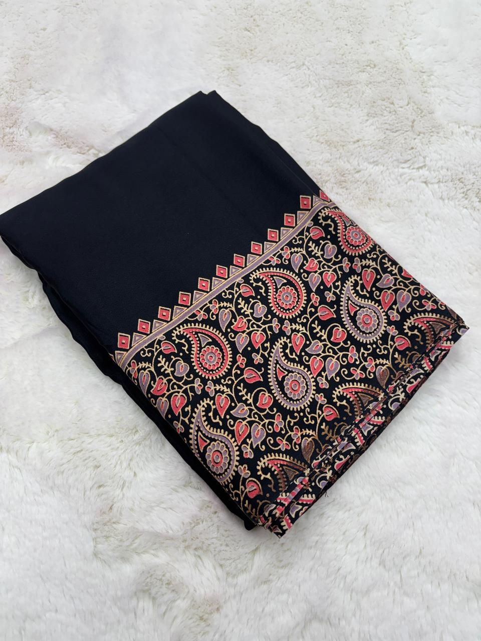New Function Wear Pure Satin Silk Ajrak Printed Rich Pallu n Tussles Work Fancy Designer Saree